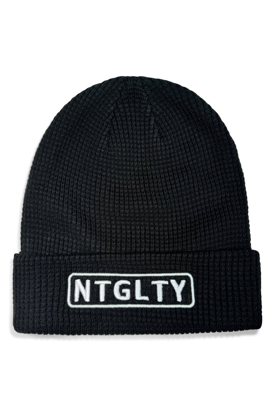 Black NTGLTY Embroidered Waffle Texture Beanie