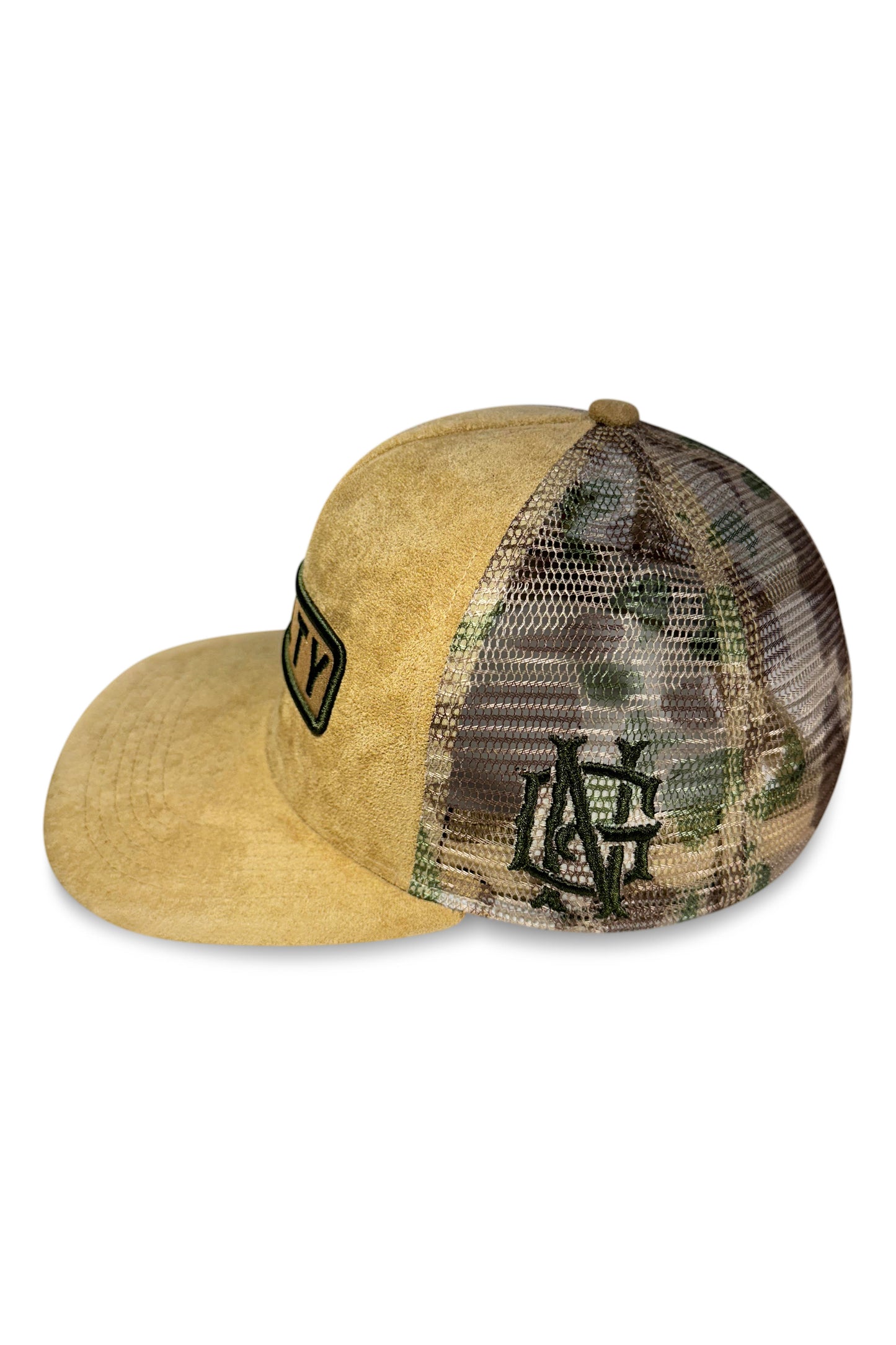 Flat Brim Camo Suede Trucker Hat